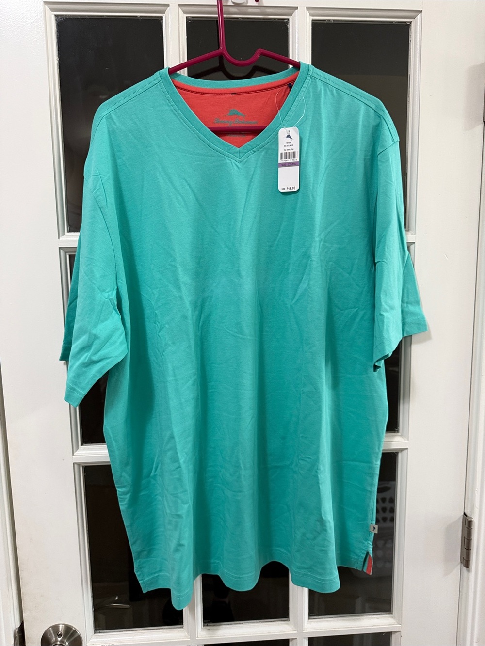 Tommy Bahama Men's V-Neck Short Sleeve Tee in Aqua with Coral Trim